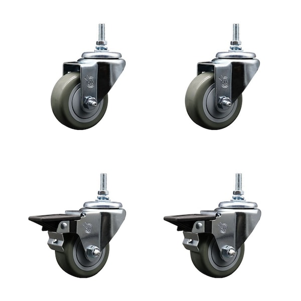 Service Caster 3 Inch Gray Polyurethane 38 Inch Threaded Stem Caster Set 2 Brakes SCC SCC-TS20S314-PPUB-381615-2-PLB-2 - main